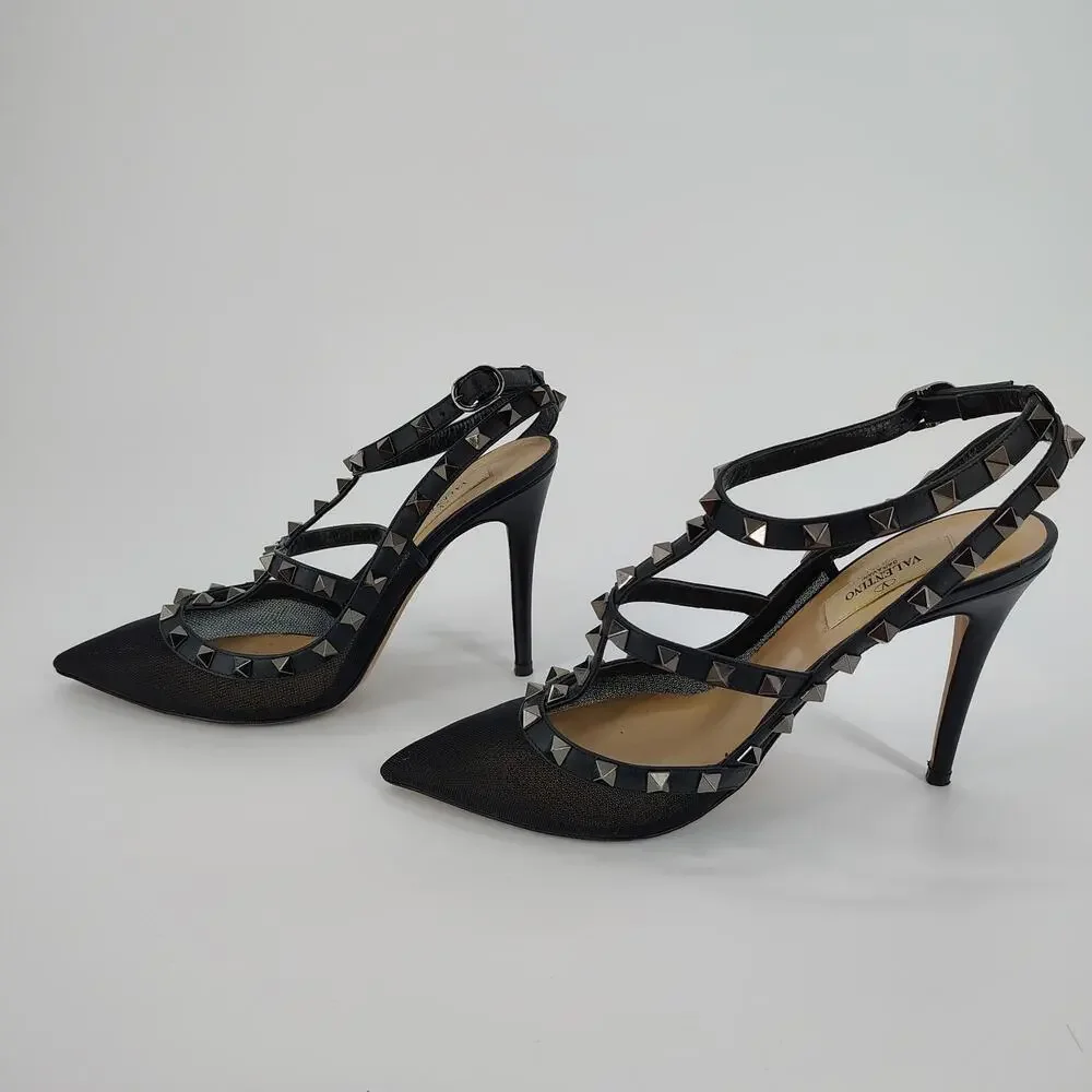 Valentino Garavani Mesh Rockstud Cage T-Strap Pumps Black Size 38 Italy